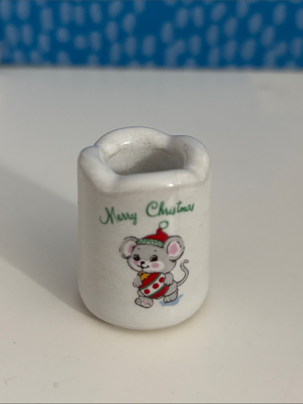 Vintage Russ Berrie White Ceramic Christmas Mouse Candle Holder